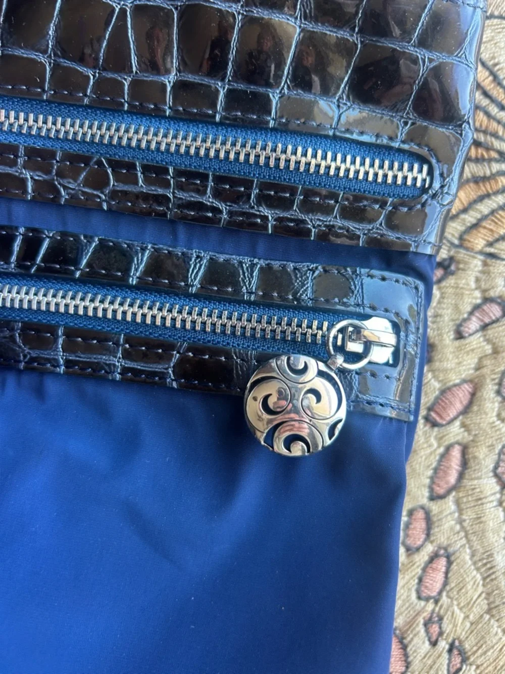 Brighton Navy Nylon Crossbody Bag with Croc Pattern Leather Trim